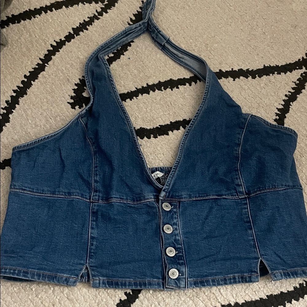 American Eagle Outfitters Dark Blue Denim Halter Crop Top